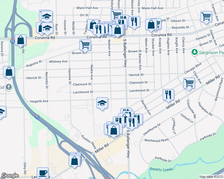 map of restaurants, bars, coffee shops, grocery stores, and more near 3702 Clairmont Street in Flint
