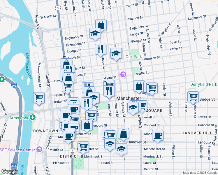 map of restaurants, bars, coffee shops, grocery stores, and more near 151 Walnut Street in Manchester