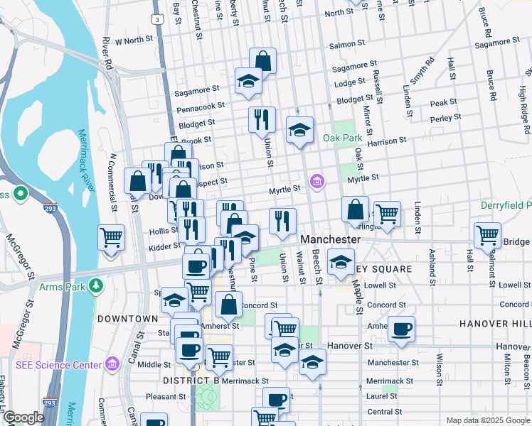 map of restaurants, bars, coffee shops, grocery stores, and more near 143 Myrtle Street in Manchester