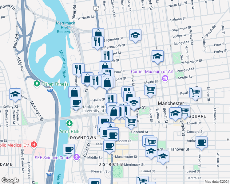 map of restaurants, bars, coffee shops, grocery stores, and more near 32 Myrtle Street in Manchester