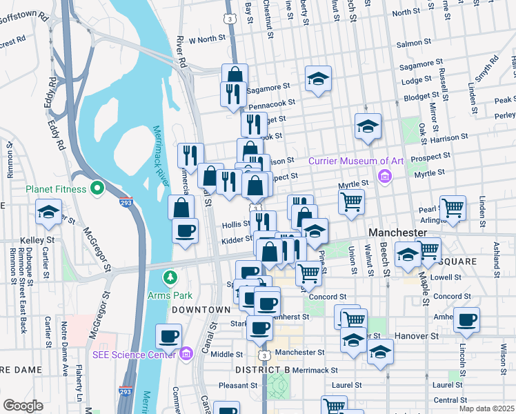 map of restaurants, bars, coffee shops, grocery stores, and more near 32 Myrtle Street in Manchester
