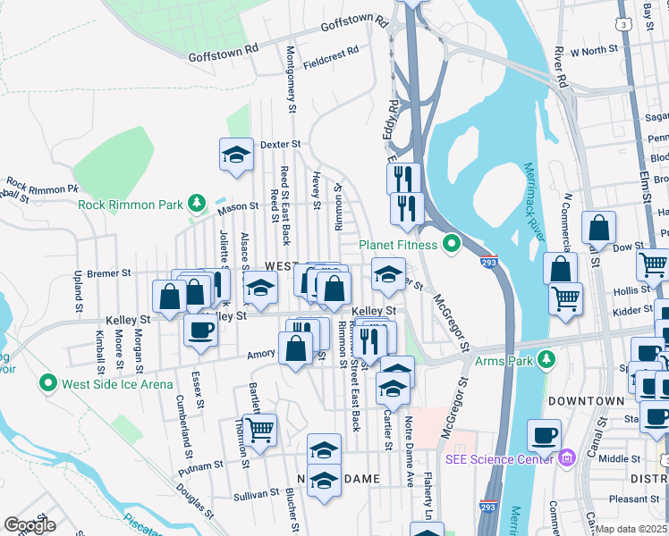 map of restaurants, bars, coffee shops, grocery stores, and more near 661 Hevey Street in Manchester