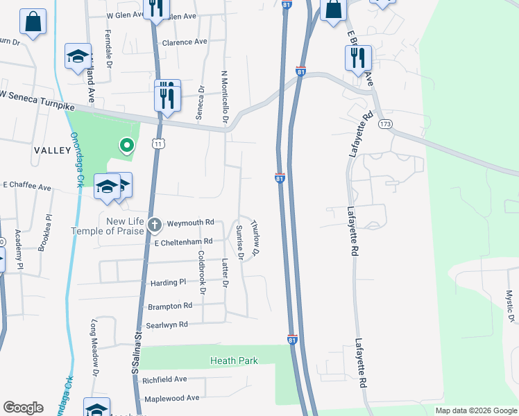 map of restaurants, bars, coffee shops, grocery stores, and more near 139 Sunrise Drive in Syracuse