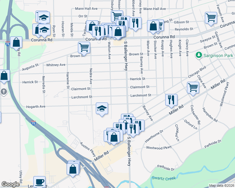 map of restaurants, bars, coffee shops, grocery stores, and more near 3702 Clairmont Street in Flint
