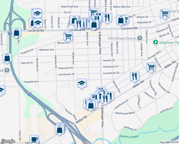 map of restaurants, bars, coffee shops, grocery stores, and more near 3702 Clairmont Street in Flint