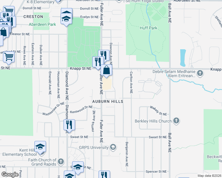 map of restaurants, bars, coffee shops, grocery stores, and more near 1924 Dawson Avenue Northeast in Grand Rapids