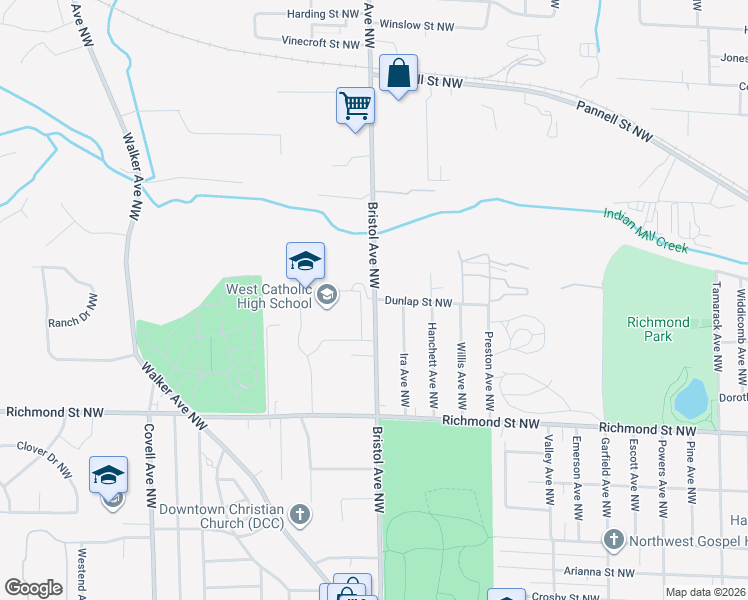 map of restaurants, bars, coffee shops, grocery stores, and more near 1870 Bristol Avenue Northwest in Grand Rapids