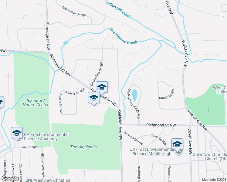 map of restaurants, bars, coffee shops, grocery stores, and more near 1825 Oakleigh Avenue Northwest in Grand Rapids