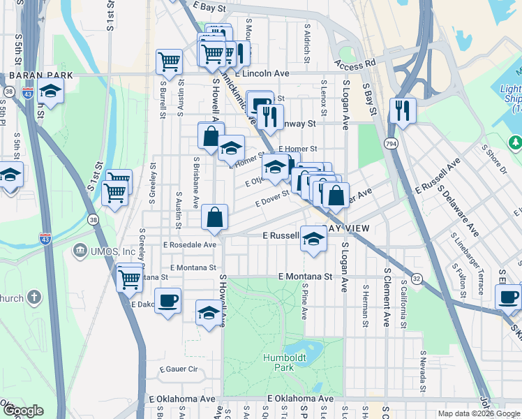 map of restaurants, bars, coffee shops, grocery stores, and more near 622 East Dover Street in Milwaukee