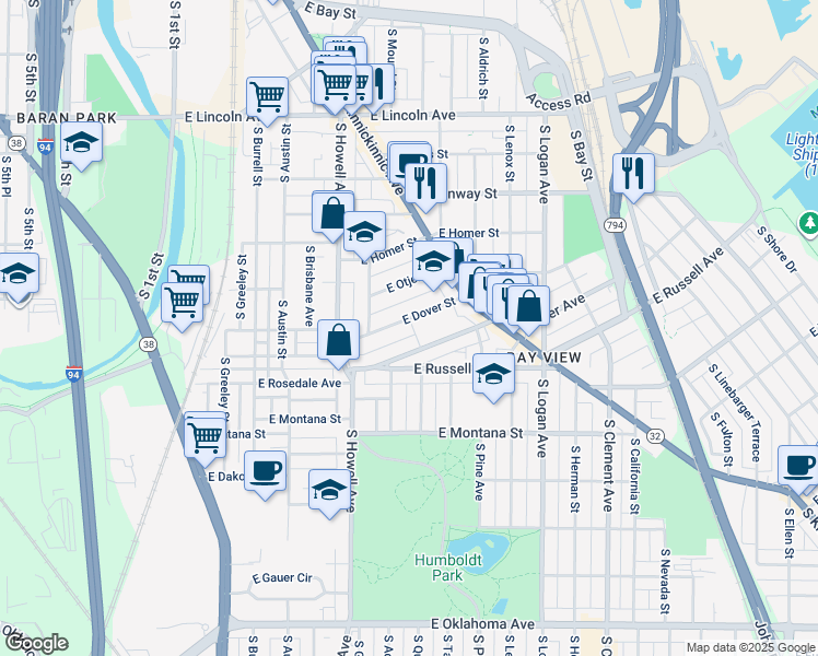 map of restaurants, bars, coffee shops, grocery stores, and more near 622 East Dover Street in Milwaukee
