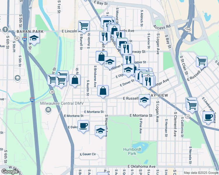 map of restaurants, bars, coffee shops, grocery stores, and more near 2562 South Howell Avenue in Milwaukee