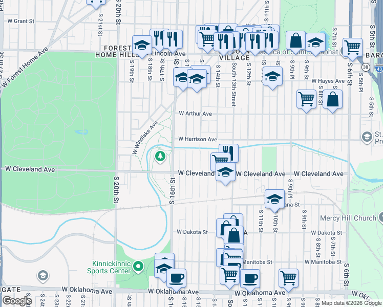 map of restaurants, bars, coffee shops, grocery stores, and more near 2605 South 15th Street in Milwaukee