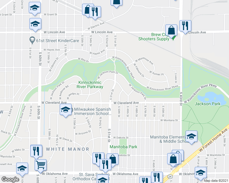 map of restaurants, bars, coffee shops, grocery stores, and more near 5035 West Jerelyn Place in Milwaukee