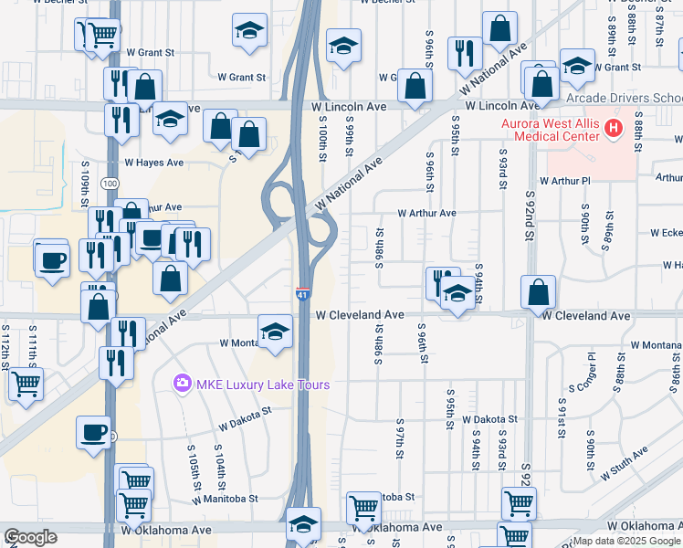 map of restaurants, bars, coffee shops, grocery stores, and more near 2569 South 99th Street in Milwaukee