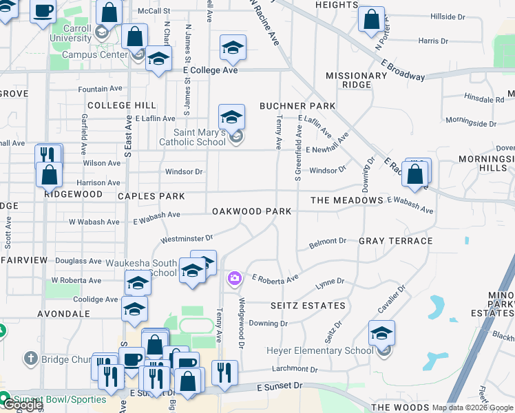 map of restaurants, bars, coffee shops, grocery stores, and more near 700 Oxford Road in Waukesha
