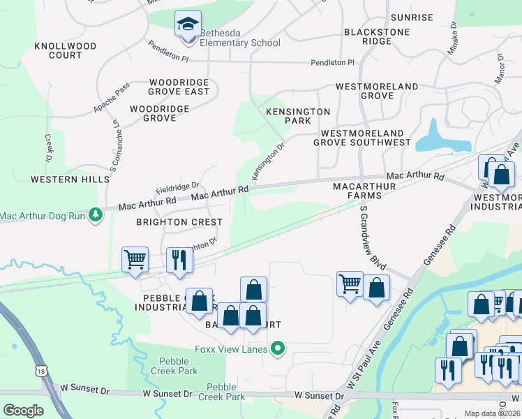 map of restaurants, bars, coffee shops, grocery stores, and more near S25W26269 Mac Arthur Road in Waukesha