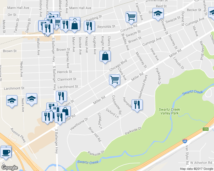map of restaurants, bars, coffee shops, grocery stores, and more near 2906 Yale Street in Flint
