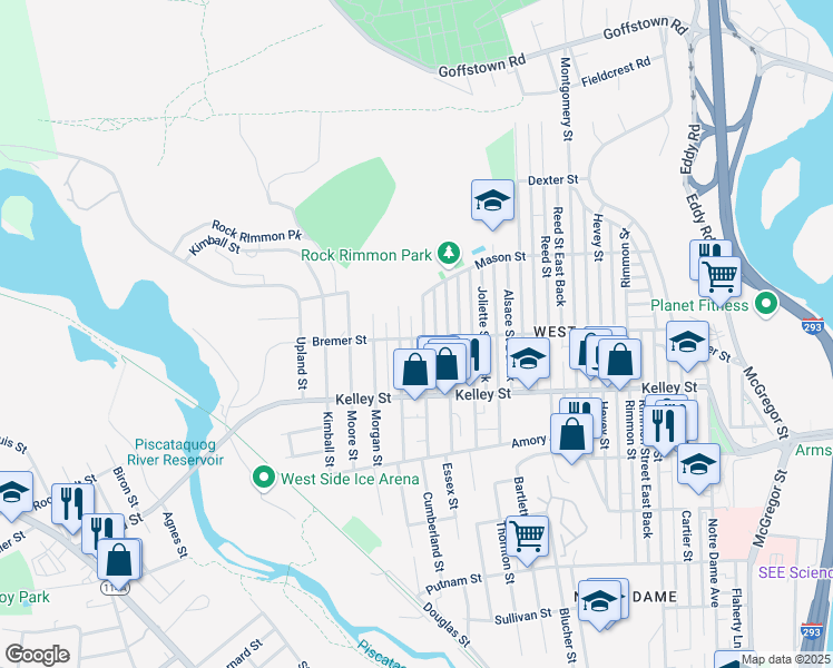 map of restaurants, bars, coffee shops, grocery stores, and more near 228 Boutwell Street in Manchester