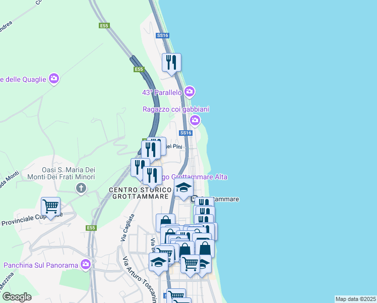 map of restaurants, bars, coffee shops, grocery stores, and more near 128 Strada Statale 16 in Grottammare