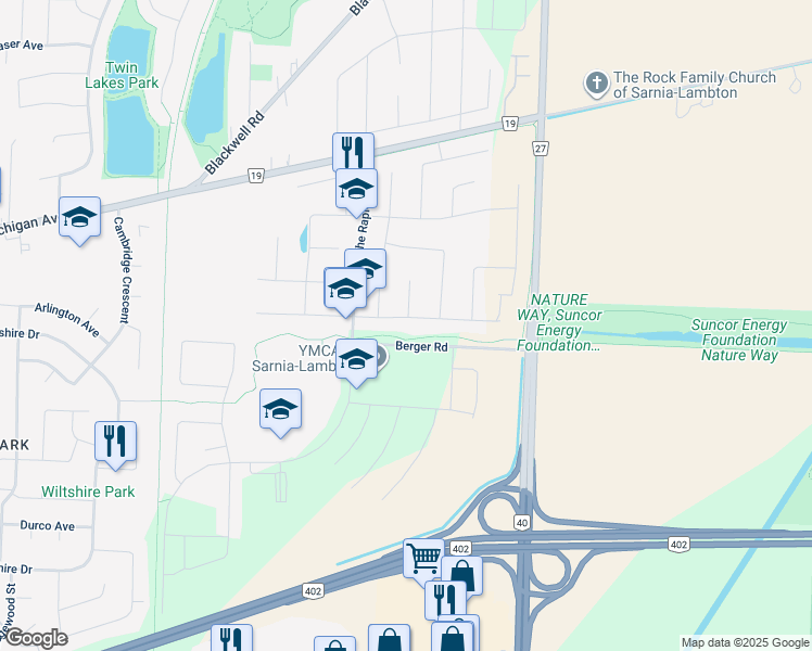 map of restaurants, bars, coffee shops, grocery stores, and more near 45 Newcastle Drive in Sarnia