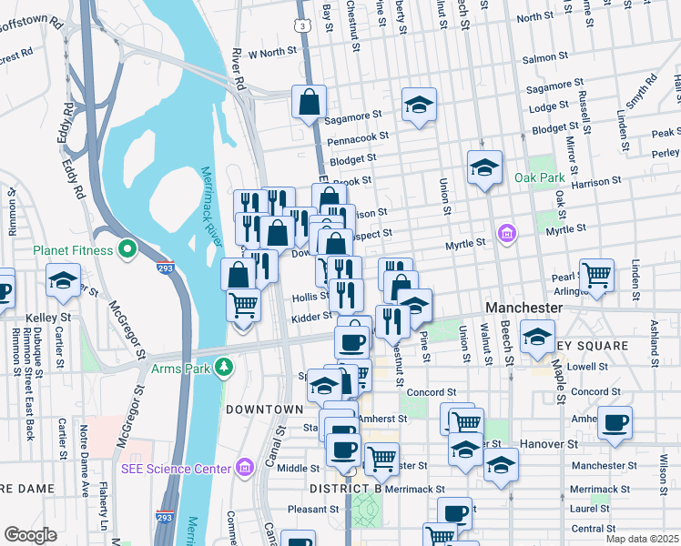 map of restaurants, bars, coffee shops, grocery stores, and more near 32 Myrtle Street in Manchester