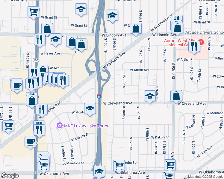 map of restaurants, bars, coffee shops, grocery stores, and more near 2569 South 99th Street in Milwaukee