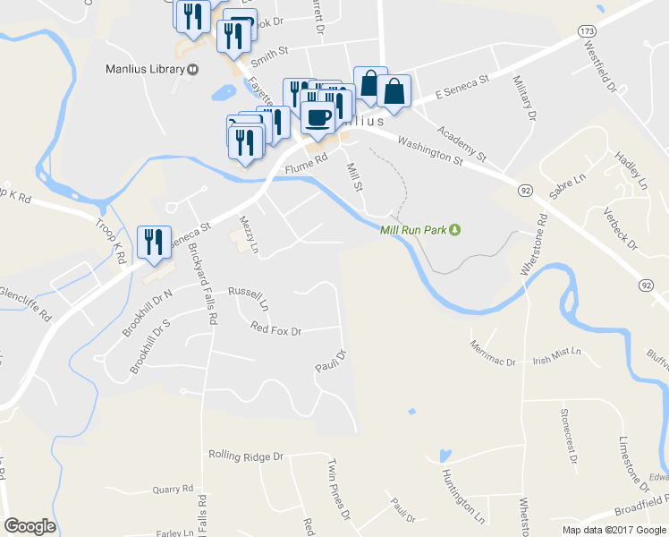 map of restaurants, bars, coffee shops, grocery stores, and more near 4638 Pauli Drive in Manlius