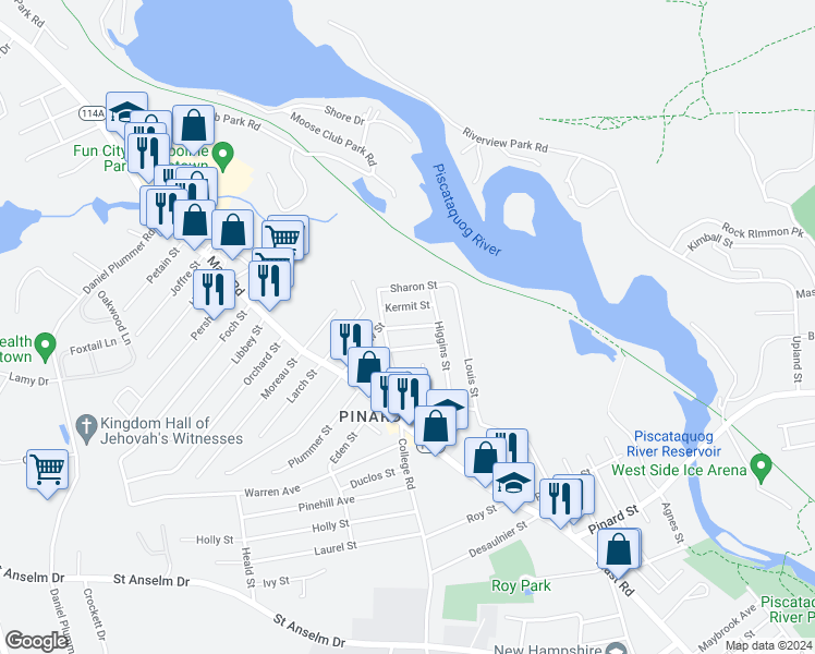 map of restaurants, bars, coffee shops, grocery stores, and more near Brookline Street in Goffstown