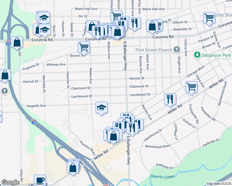 map of restaurants, bars, coffee shops, grocery stores, and more near 3706 Larchmont Street in Flint