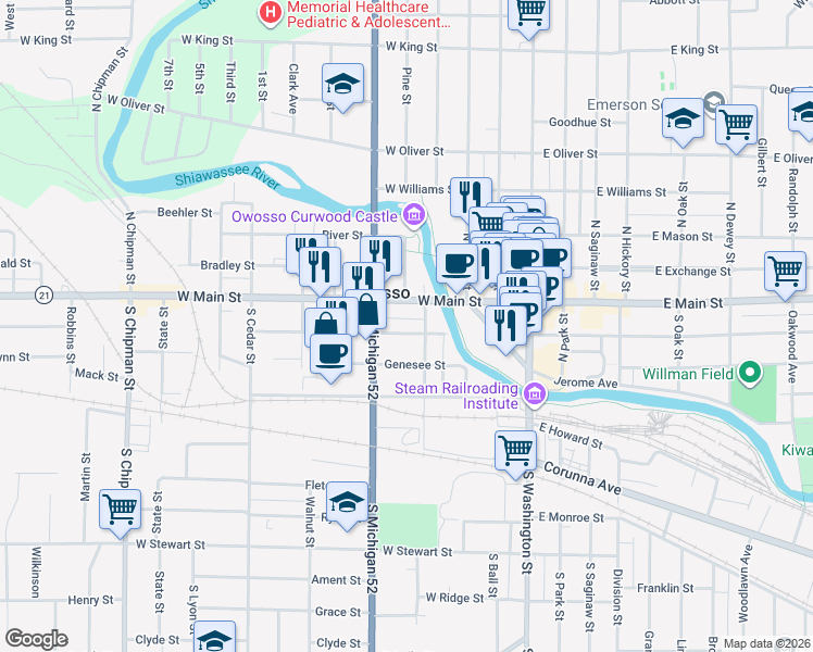 map of restaurants, bars, coffee shops, grocery stores, and more near 120 Michigan Avenue in Owosso