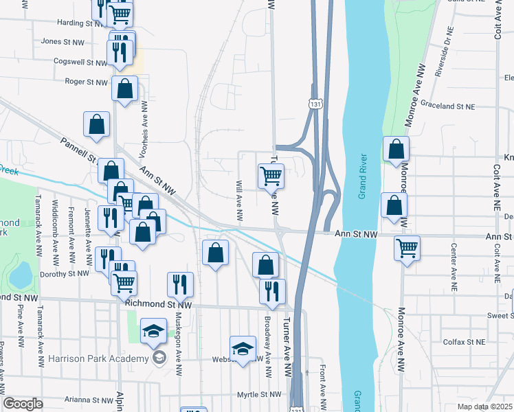 map of restaurants, bars, coffee shops, grocery stores, and more near 1210 Sterling Avenue Northwest in Grand Rapids
