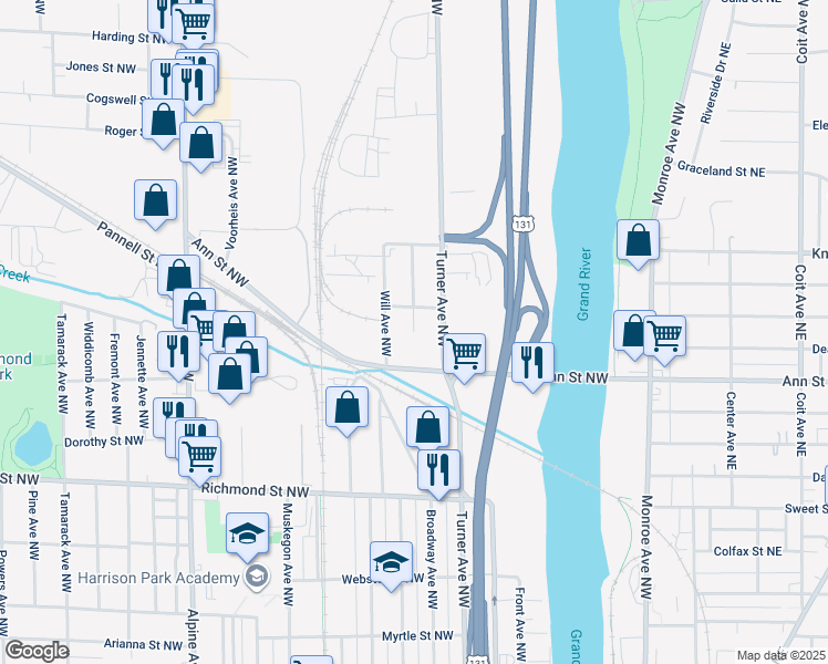 map of restaurants, bars, coffee shops, grocery stores, and more near 1210 Sterling Avenue Northwest in Grand Rapids