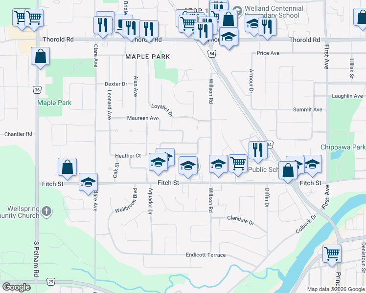 map of restaurants, bars, coffee shops, grocery stores, and more near 31 Westwood Crescent in Welland