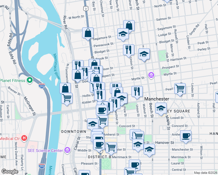 map of restaurants, bars, coffee shops, grocery stores, and more near 84 Myrtle Street in Manchester