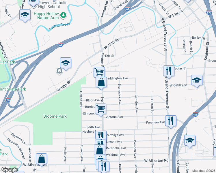 map of restaurants, bars, coffee shops, grocery stores, and more near 955 Paddington Avenue in Flint