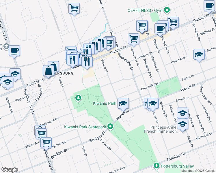 map of restaurants, bars, coffee shops, grocery stores, and more near 1595 Borden Street in London