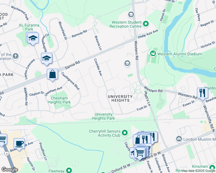 map of restaurants, bars, coffee shops, grocery stores, and more near 443 Coombs Avenue in London