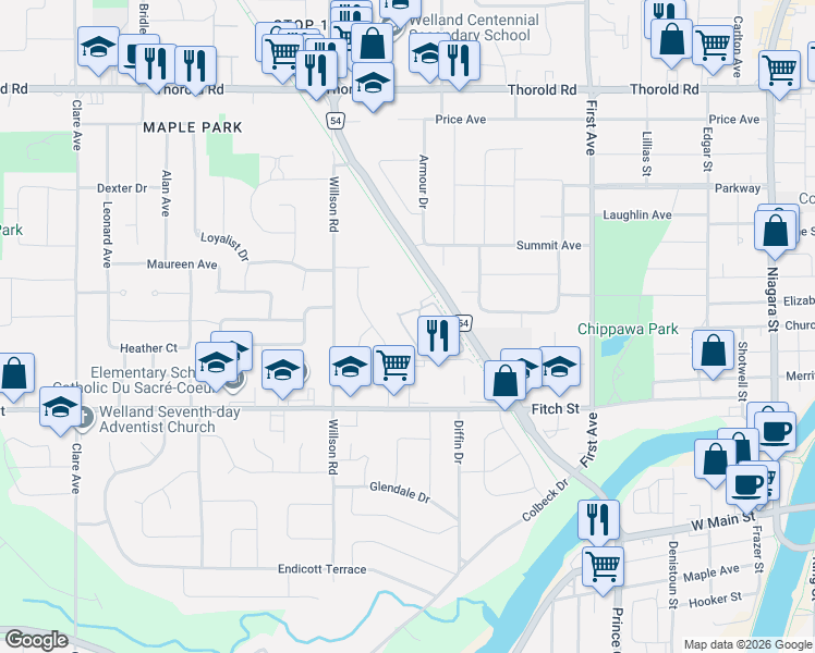 map of restaurants, bars, coffee shops, grocery stores, and more near 3 Laurier Trail in Welland