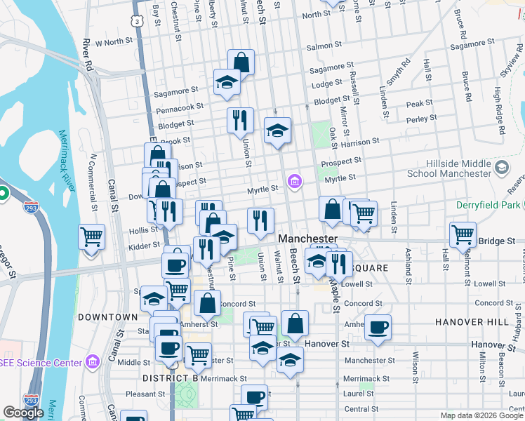 map of restaurants, bars, coffee shops, grocery stores, and more near 151 Walnut Street in Manchester