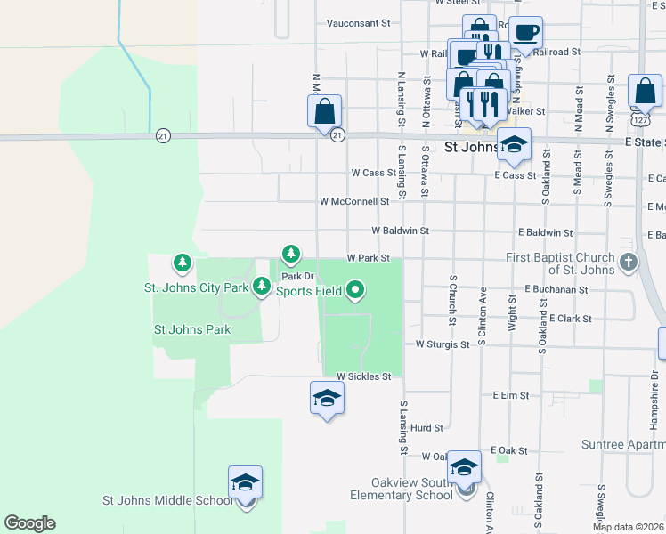 map of restaurants, bars, coffee shops, grocery stores, and more near 410 South Emmons Street in Saint Johns