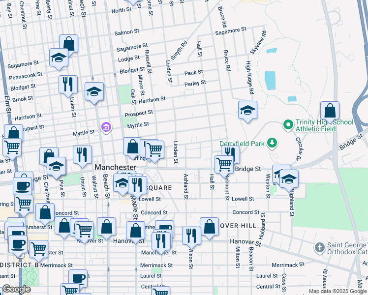 map of restaurants, bars, coffee shops, grocery stores, and more near 47 Linden Street in Manchester
