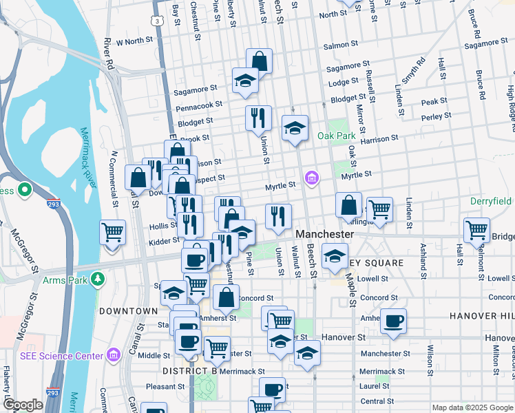 map of restaurants, bars, coffee shops, grocery stores, and more near 143 Myrtle Street in Manchester
