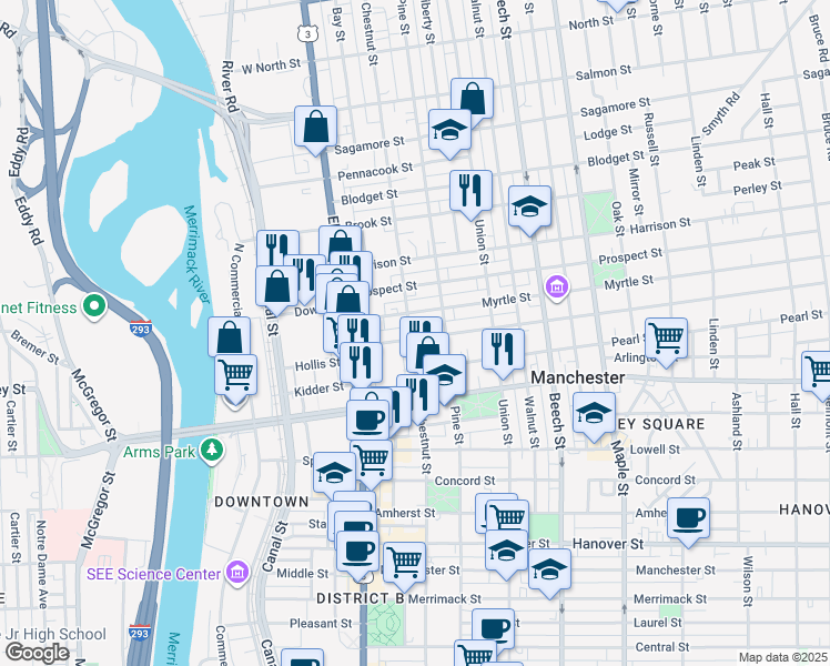 map of restaurants, bars, coffee shops, grocery stores, and more near 84 Myrtle Street in Manchester