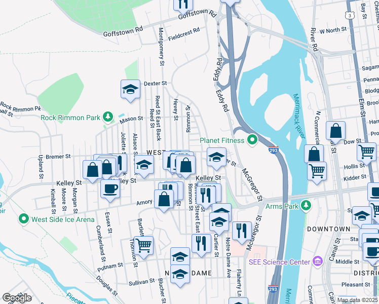 map of restaurants, bars, coffee shops, grocery stores, and more near 661 Hevey Street in Manchester