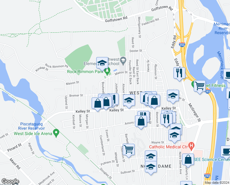 map of restaurants, bars, coffee shops, grocery stores, and more near 204 Alsace Street in Manchester