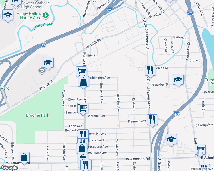 map of restaurants, bars, coffee shops, grocery stores, and more near 831 Paddington Avenue in Flint