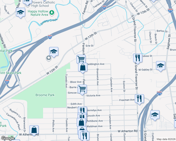 map of restaurants, bars, coffee shops, grocery stores, and more near 955 Paddington Avenue in Flint