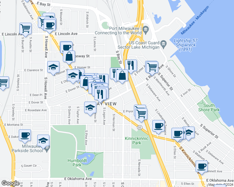map of restaurants, bars, coffee shops, grocery stores, and more near 1043 East Potter Avenue in Milwaukee