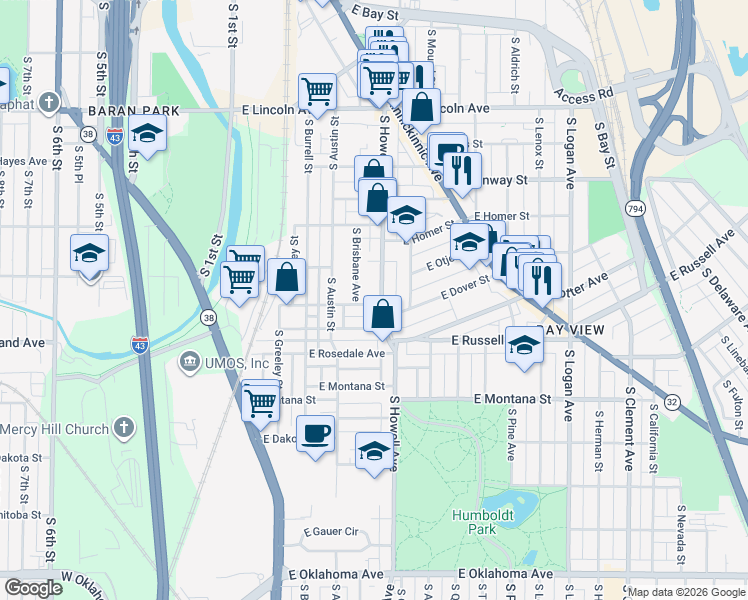 map of restaurants, bars, coffee shops, grocery stores, and more near 2562 South Howell Avenue in Milwaukee