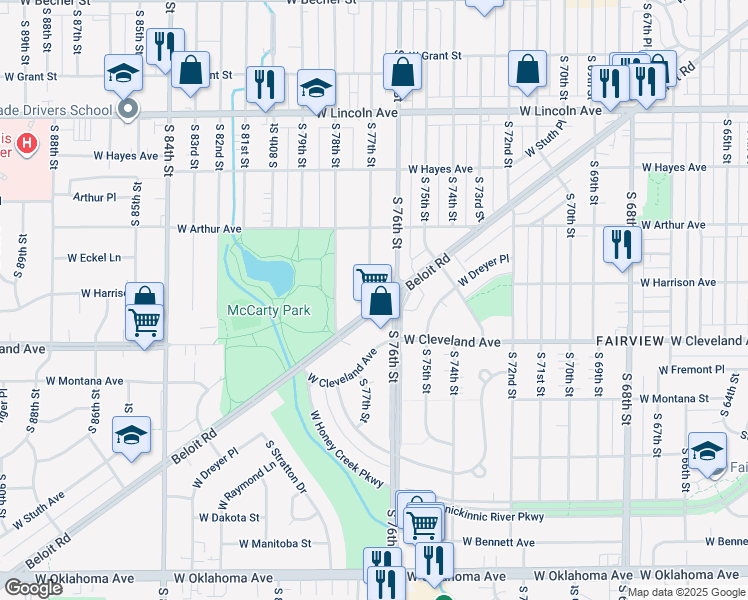 map of restaurants, bars, coffee shops, grocery stores, and more near 2575 South 76th Street in West Allis